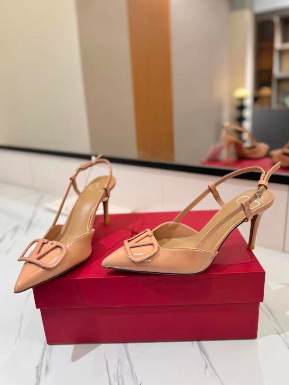 Valentino Garavani VLogo Nude Patent Leather Pointed Toe Slingback Stiletto Heel